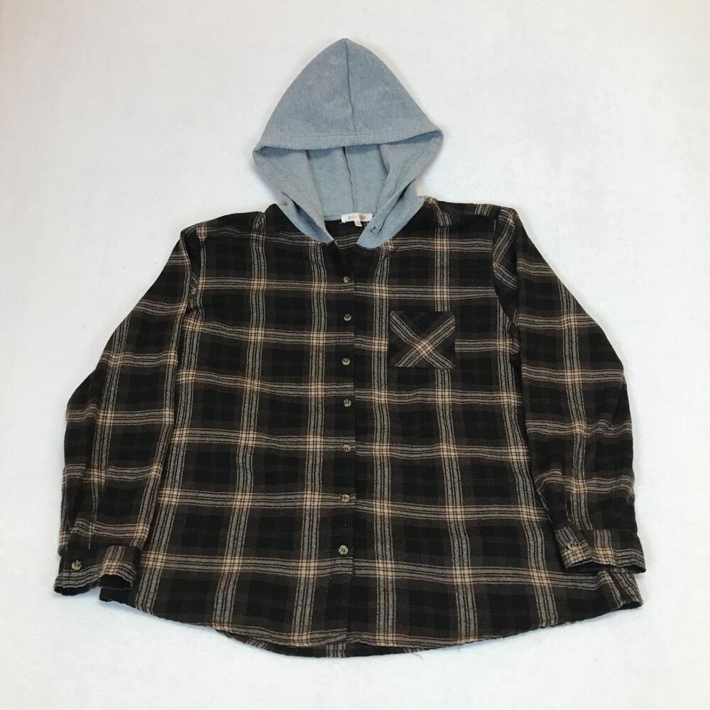 Stella Tweed Cotton Hooded Black Plaid Flannel Button Shirt Jacket Shacket XL